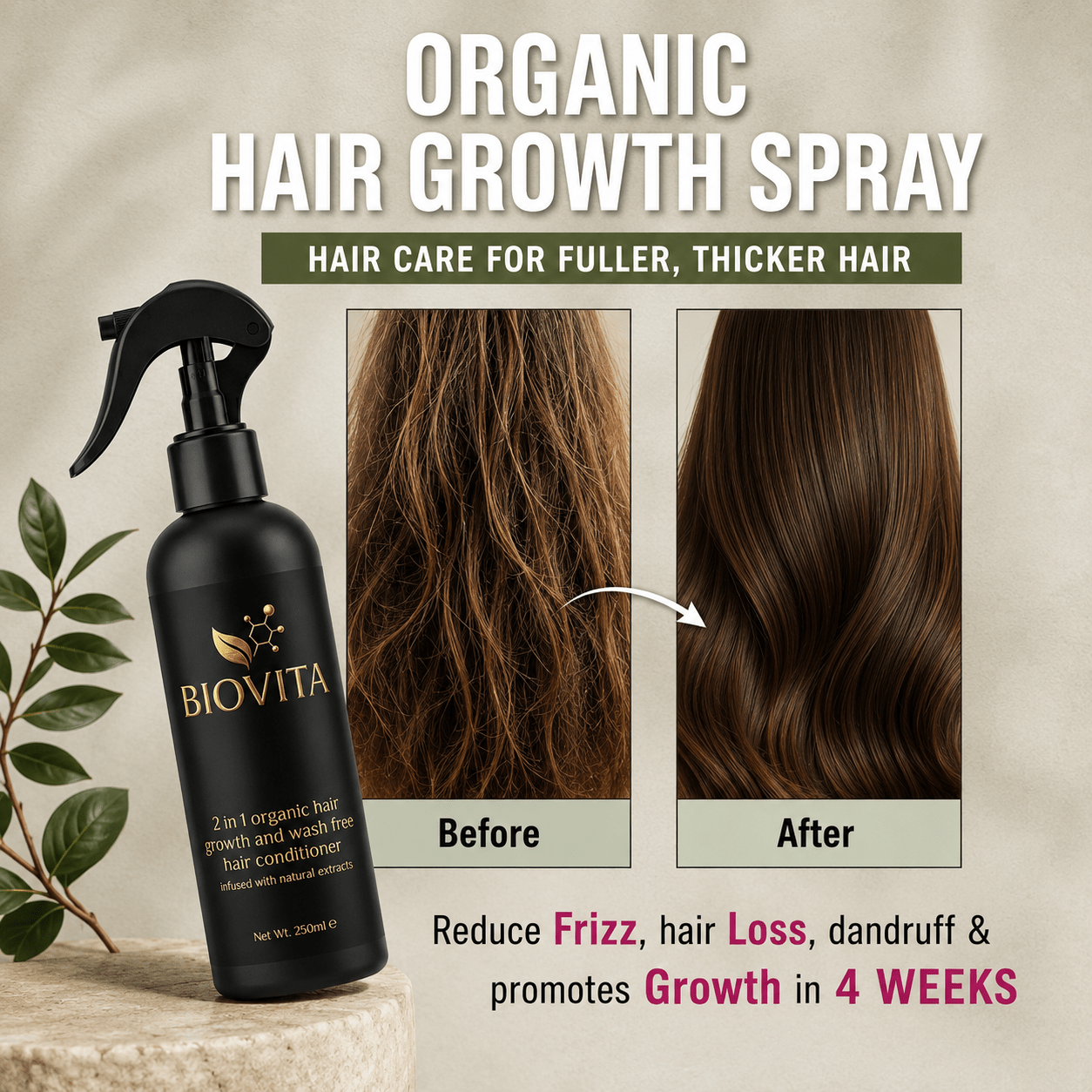Hair Growth Spray for Hair Loss | Biovita Organic Leave-in Spray – (250ml) - Biovita