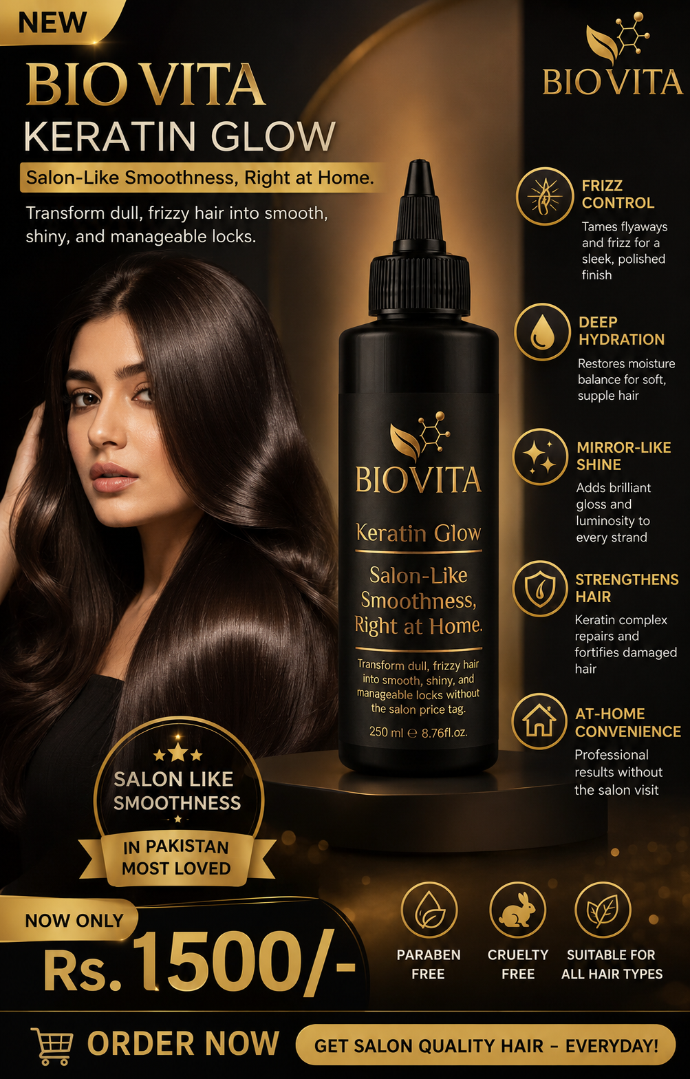 Biovita Keratin Glow hair product with a woman and bottle on a dark background